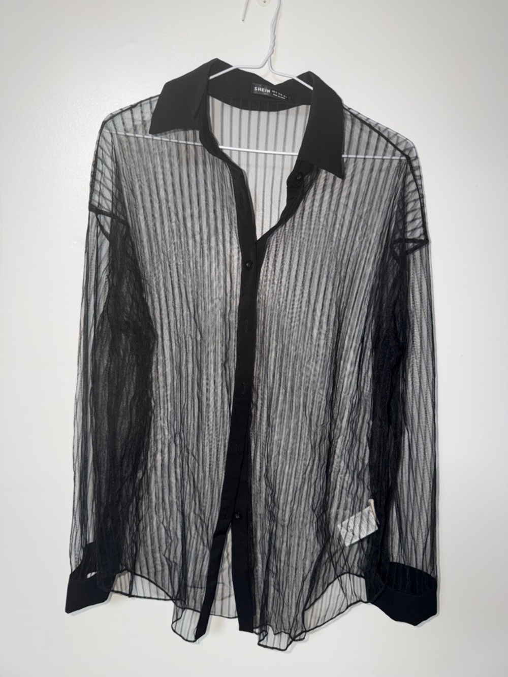 SHEIN Black Sheer Vertical-Strip Button-Up Coverup